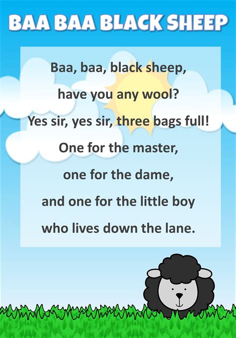 Baa baa black sheep<br>Have you any wool<br>Yes sir yes sir<br>Three bags full<br>One for the master<br>One for the dame<br>And one for the little boy who live down the land. 